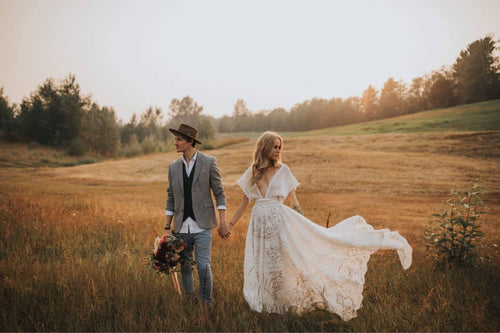 The Amazing lace 'Boho Dreamer' wedding gown available in ivory or white all sizes and one of a kind so will vary in lace pattern