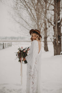 Fringe-fully Fantastic long sleeves boho lace gown custom made for your lovely special day