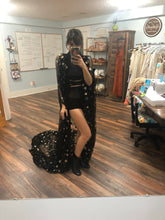 Load image into Gallery viewer, Custom black star glitter cape with pleather fringe and blace lace collar for Teri to fit XS to plus