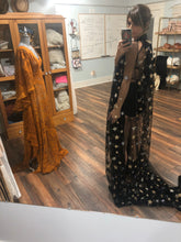 Load image into Gallery viewer, Custom black star glitter cape with pleather fringe and blace lace collar for Teri to fit XS to plus